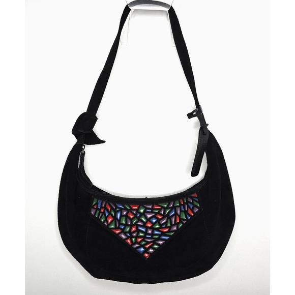 Sabrina Scala Black Suede with "Stained Glass" Leather Flap Hobo Shoulder Bag - Picture 1 of 10